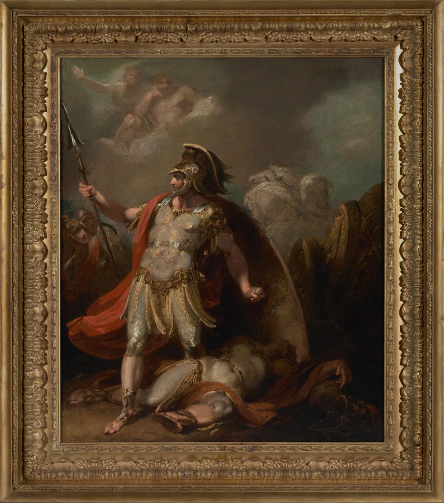 Benjamin West, Achilles and Hector: Benjamin West (American/British, 1738-1820), Achilles standing over the body of Hector, oil on canvas, unsigned, early handwritten label verso states, "Achilles standing over the body of Hector", then