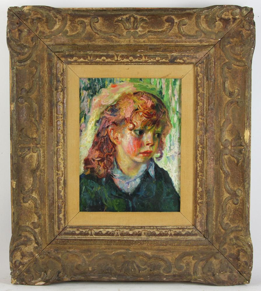 Portrait of Young Girl Signed George Luks: Potrait of young girl, oil on canvas, signed George Luks (American, 1867-1933), 14" x 10 3/4", framed 26 1/2" x 23 1/2". Provenance: Los Angeles, California estate.