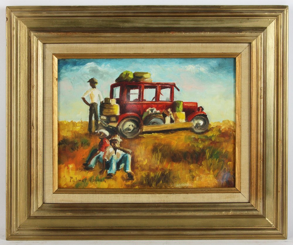 Palmer, Cole Hayden, Figures by Car, Oil on Board: Palmer Cole (Hedgeman) Hayden (American, 1890-1973), figures by a car, oil on board, signed L/L, 9" x 12", frame 15 1/4" x 18 1/4". Provenance: From a Lake Forest, Illinois estate.