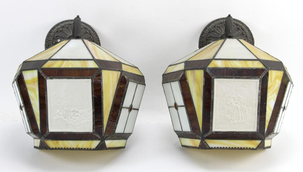 Pair of Lithophane and Leaded Slag Glass Wall Lamps: Pair of lithophane and leaded slag glass wall lamps, 13" x 13". Provenance: From the Keenan Family estate of North Miami, Florida.