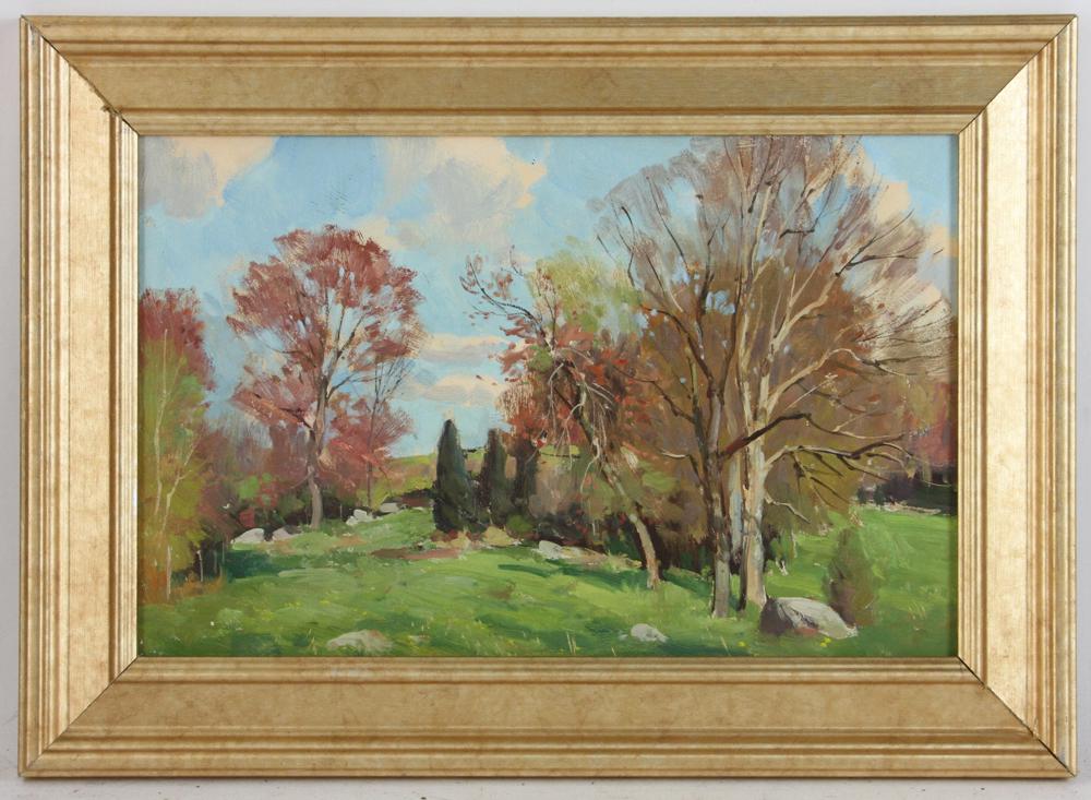 Bernard Corey, Landscape, Oil on Board: Bernard Corey (1914-2000), landscape, oil on board, 8 1/4" x 13 1/4", frame 12 1/4" x 17 1/4". Provenance: Ryka - Estate of Bernard Cory label verso.