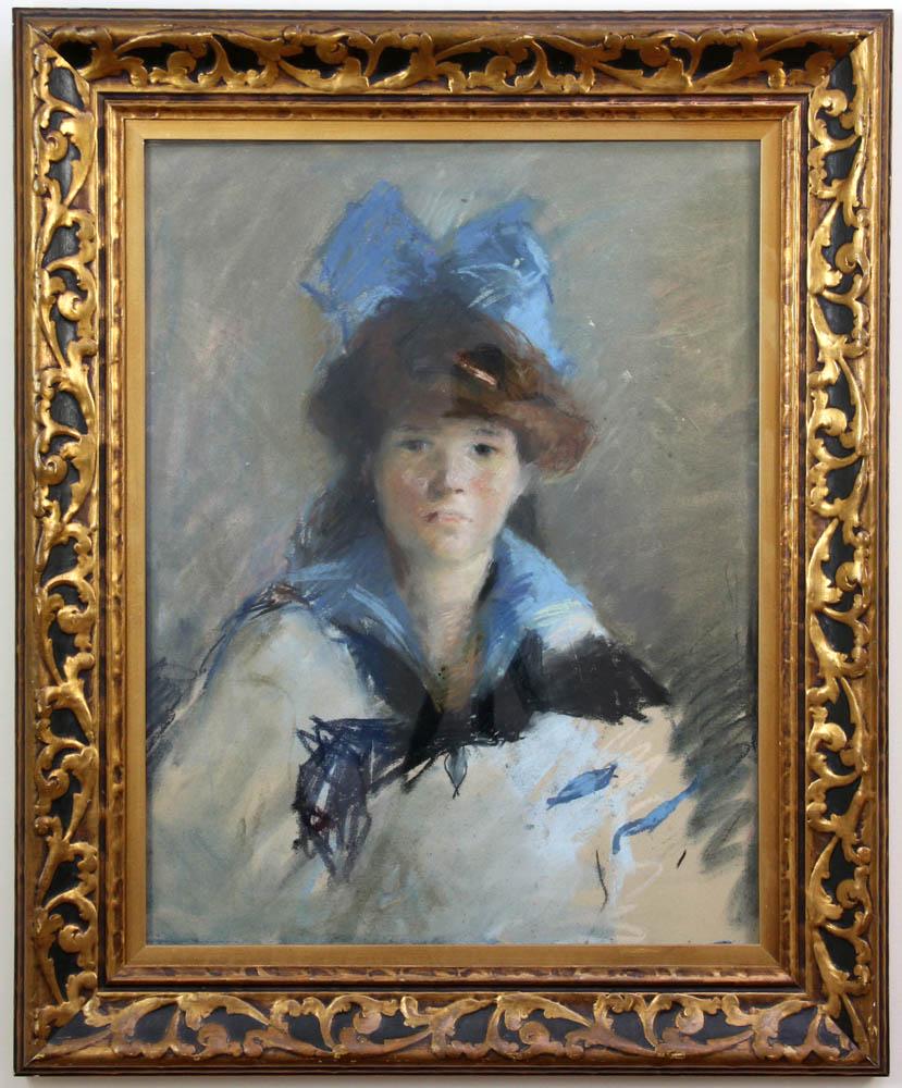 Lucy Taggart, Portrait of Mary Souther: Lucy Taggart (American, 1880-1960), portrait of Mary (Polly) Souther in 1909 at age 12, at Cape Ann, Gloucester, pastel, unsigned, info verso, 23" x 17 1/2", in original ornate frame, 29" x 24". Mary 