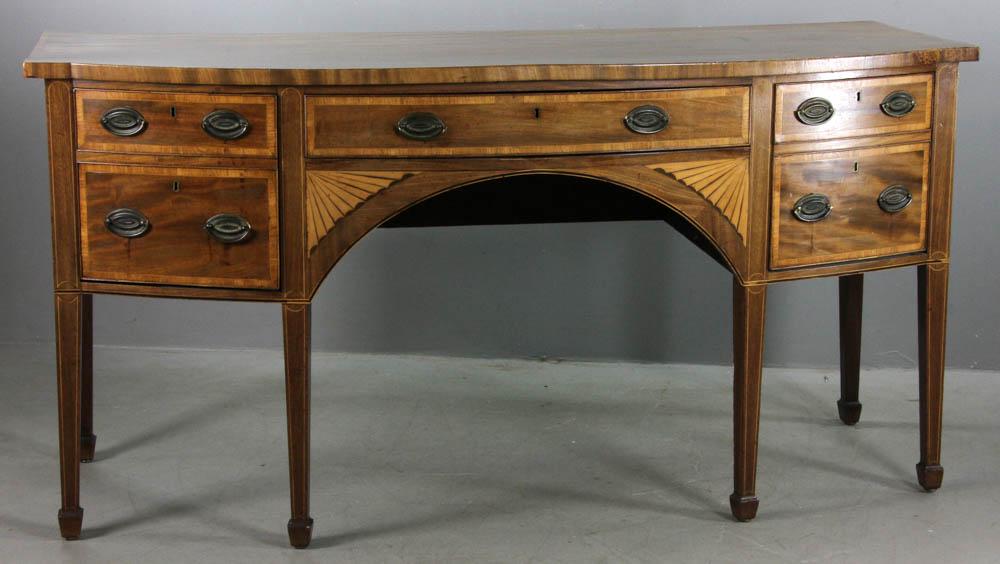 Late 18thC English Hepplewhite Inlaid Mahogany: Late 18th century English Hepplewhite mahogany sideboard with fine satinwood inlay, 36" x 72" x 30". Provenance: Cambridge, Massachusetts estate.