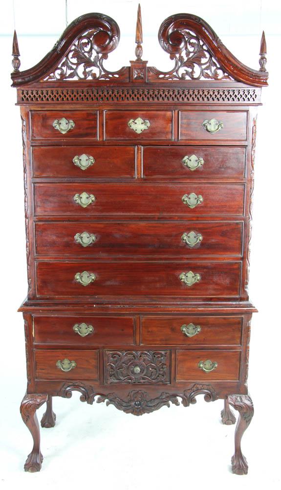 Custom Mahogany Highboy: Custom mahogany highboy with claw and ball feet, 79" H x 41" W x 16 1/2" D. Provenance: South Hampton, New York collection.