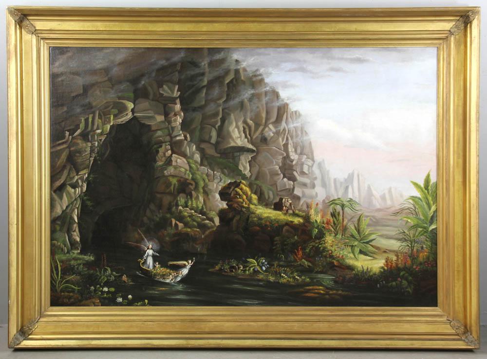 Manner of Thomas Cole 19thC Oil on Canvas: 19th century oil on canvas in the manner of Thomas Cole, allegorical mountain and cave view, boat with winged figures and putti, trees, and flowers, 36" x 54", in antique frame 46" x 64". Provenance: