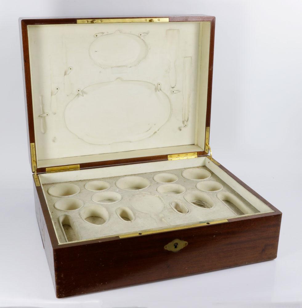 Gustave Keller Dresser Set Box: 19th Century French mahogany box for traveling dresser set with brass trim marked "Gustave Keller Fabricant Orfevre, 22 Rue Joubert, Paris", fitted interior, monogrammed brass plate in cover, 9 3/8" H