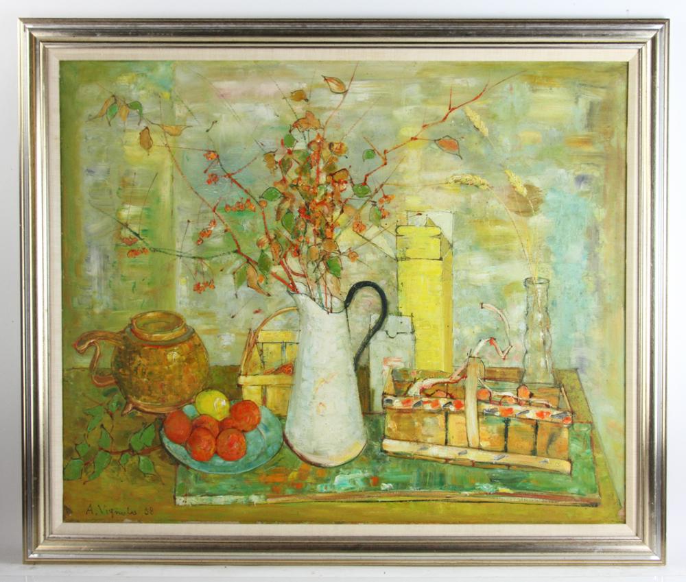 Andre Vignoles, Still Life, Oil on Canvas: Andre Vignoles (French, 1920-2017), still life of flowers and fruit, oil on canvas, 26" x 32", frame 30" x 36". Provenance: From a Boca Raton, Florida estate.