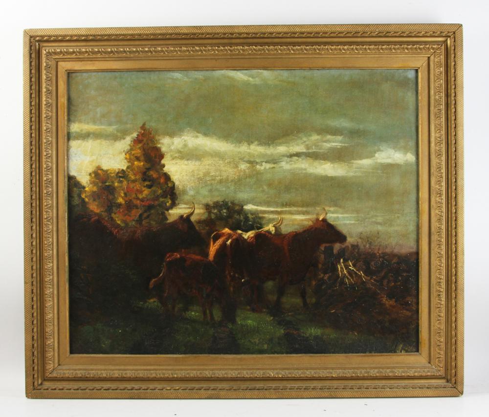 Abbott Thayer, Steers in Landscape, Oil on Canvas: A.H. Thayer (Abbott Handerson Thayer, American, 1849-1921), steers in landscape, oil on canvas, signed and dated 1872 L/R, 22" x 27", frame 27 1/2" x 32 3/4". Provenance: From a North Pomfret, Vermont