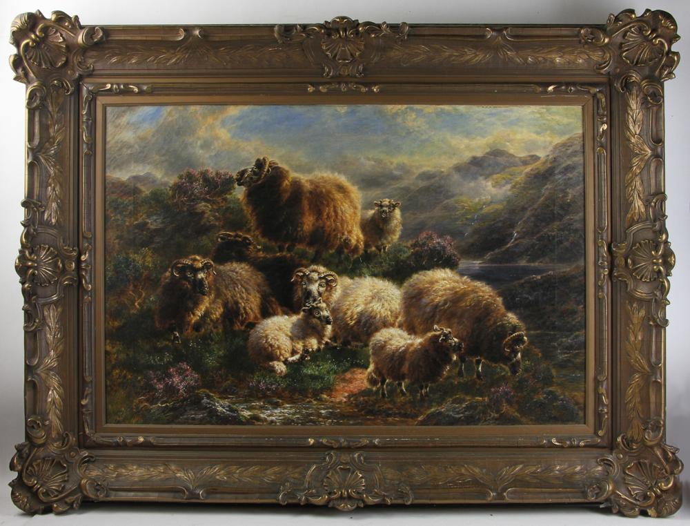 William Watson, Sheep in Landscape, Oil on Canvas: William Watson (United Kingdom, 1831-1921), sheep in landscape, oil on canvas, signed and dated 1916 L/R, 24" x 36", frame 36 1/4" x 47 1/4". Provenance: From a North Pomfret, Vermont estate.