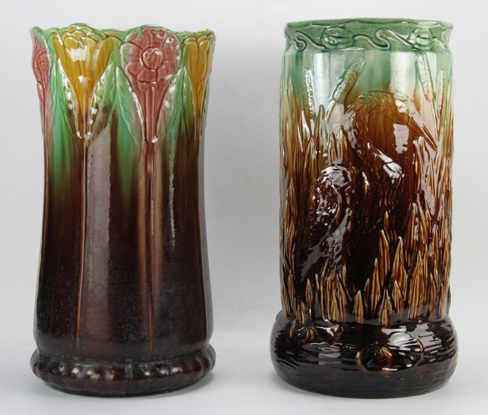 Two Majolica Umbrella Stands: Two majolica umbrella stands, 21" H x 10" W. Provenance: From a Beacon Hill, Boston estate.