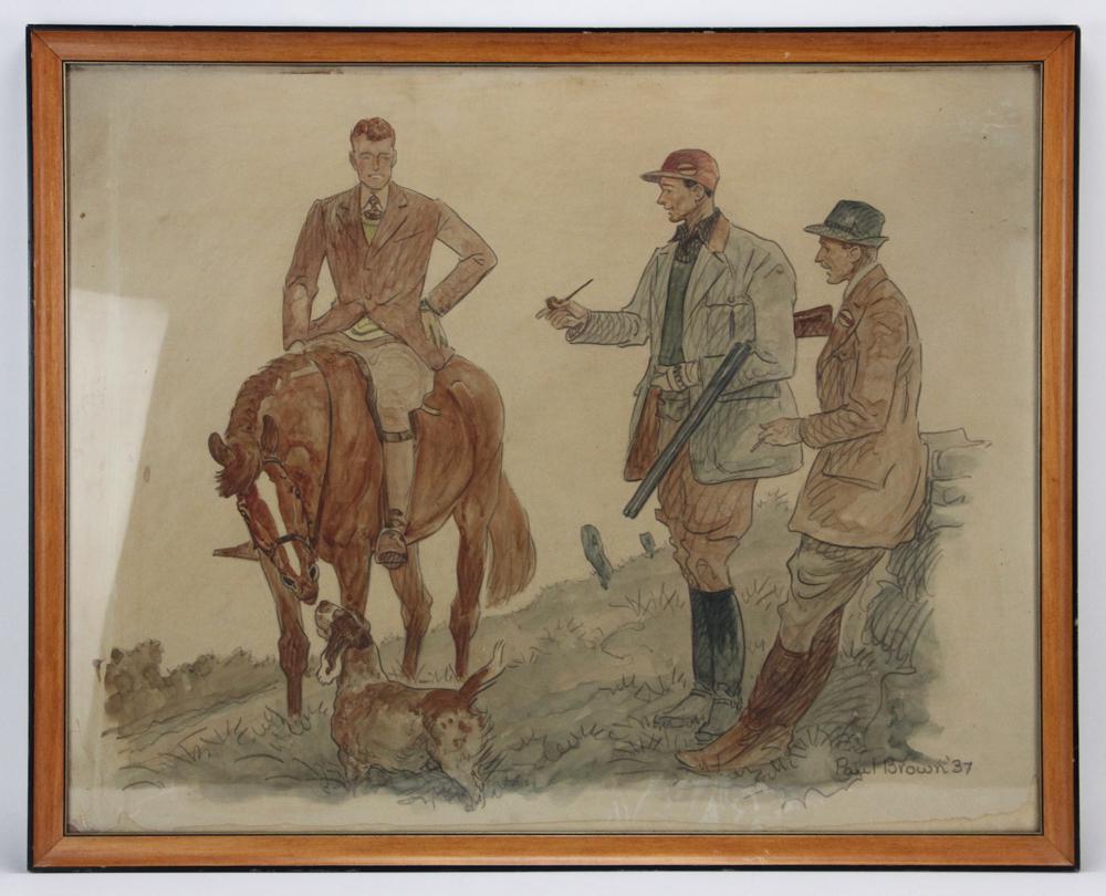 Paul Desmond Brown, Hunters and Hound: Paul Desmond Brown (American, 1893-1958), hunter on horseback with hound and two hunting companions, watercolor and ink on paper, signed and dated 1937 L/R, 21 1/2" x 27" (sight), framed 24" x 29 1/2"