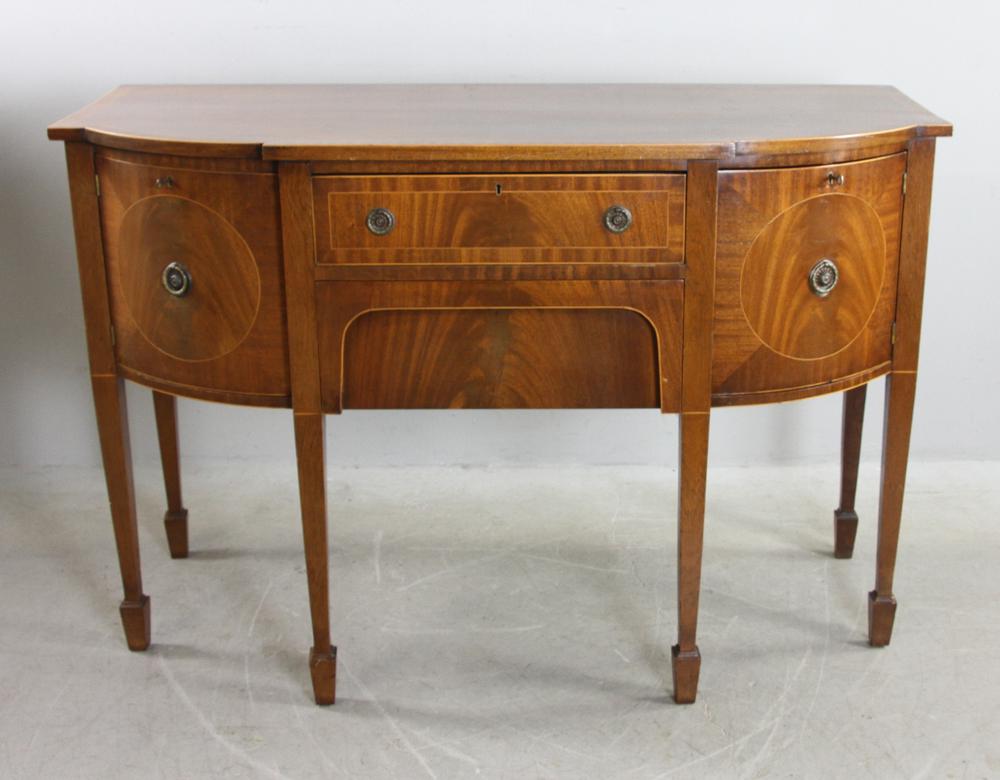 19thC Federal Hepplewhite Sideboard: 19th century mahogany Federal Hepplewhite sideboard, 36" H x 52 1/2" W x 22 3/4" D. Provenance: Andover, Massachusetts estate.