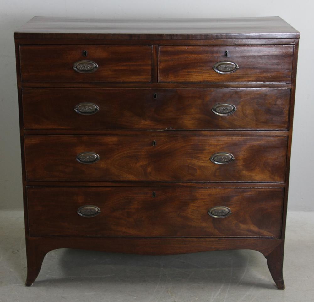 18thC Georgian Hepplewhite Chest: 18th century Georgian mahogany Hepplewhite chest having two-over-three drawers, 41 1/2" H x 42" W x 19 1/2" D. Provenance: Andover, Massachusetts estate.