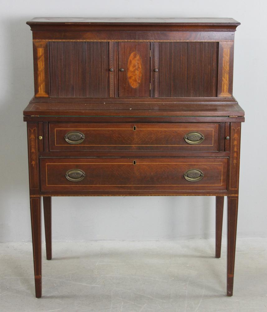 Hepplewhite Inlaid Mahogany Tambour Desk: Hepplewhite mahogany tambour desk having extensive inlay, 44" H x 34" W x 16 1/2" D. Provenance: Andover, Massachusetts estate.