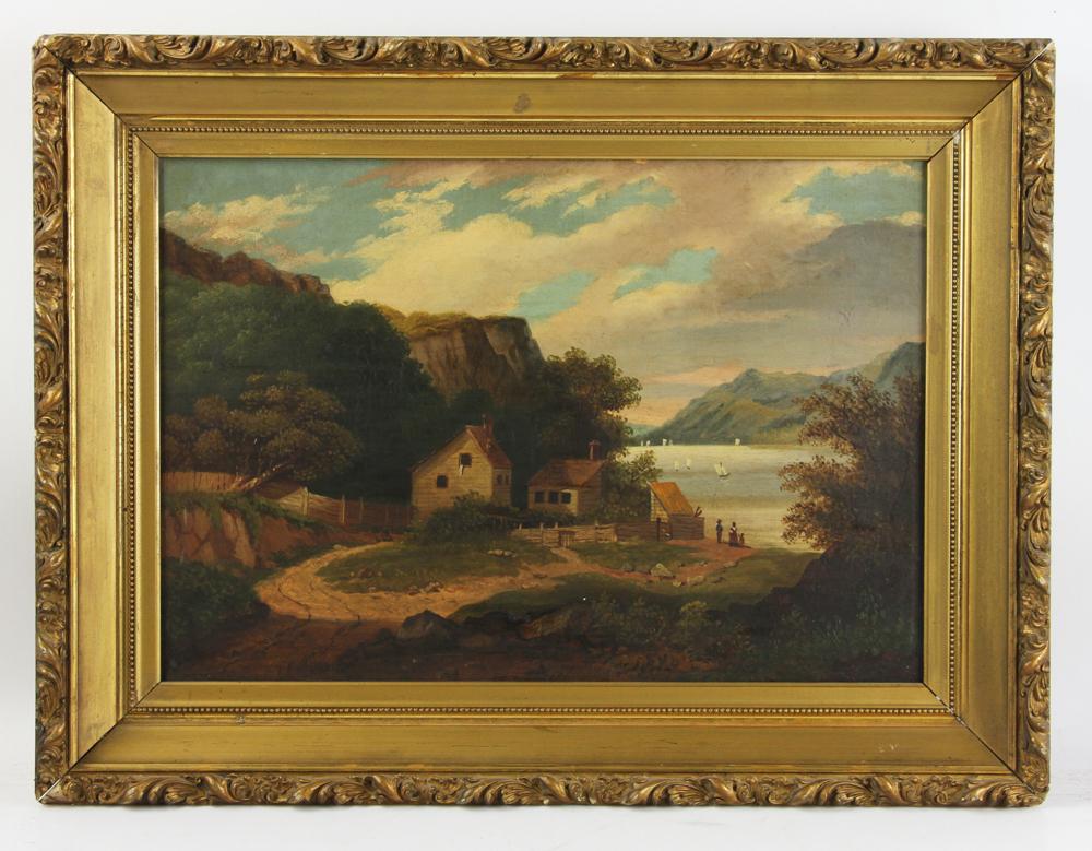 19th C Hudson River View, Oil on Canvas: 19th century American School, Hudson River View, oil on canvas, unsigned, 13" x 19", frame 19" x 25". Provenance: North Andover, Massachusetts collection.
