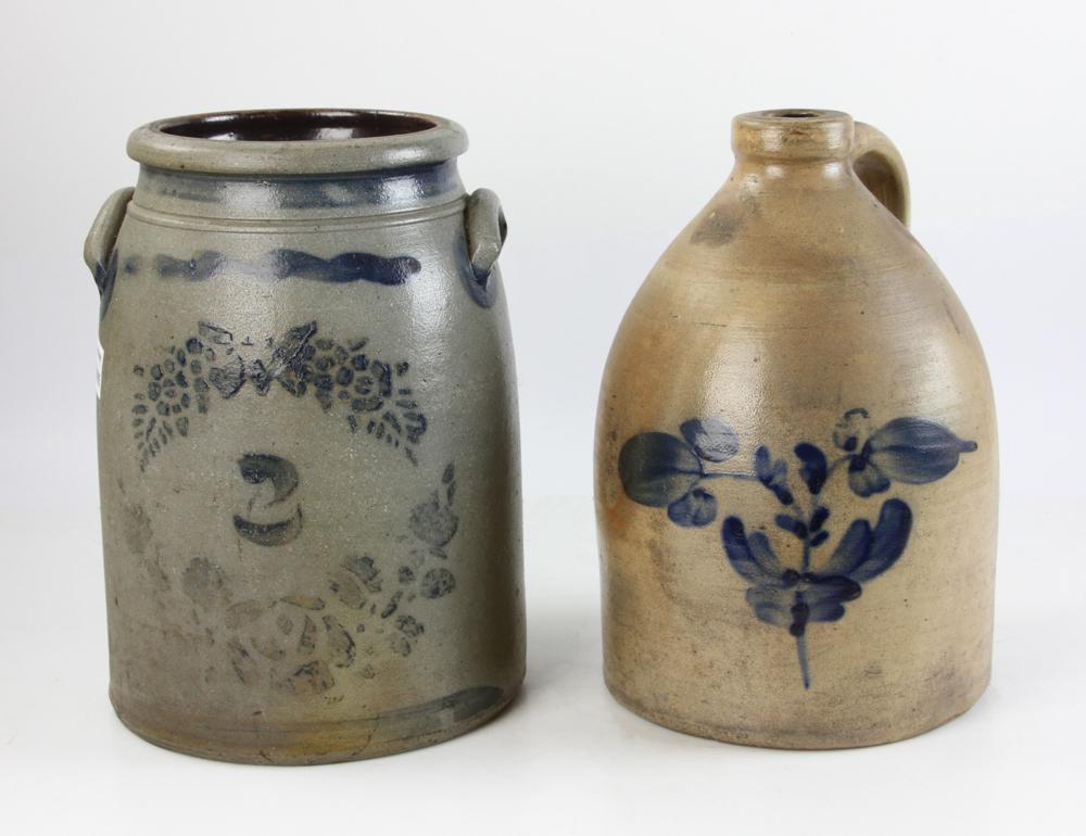 Old Blue and White Crock with Jug: Old blue and white crock with a jug, 12" H x 8" W. Provenance: From a New York, New York estate.
