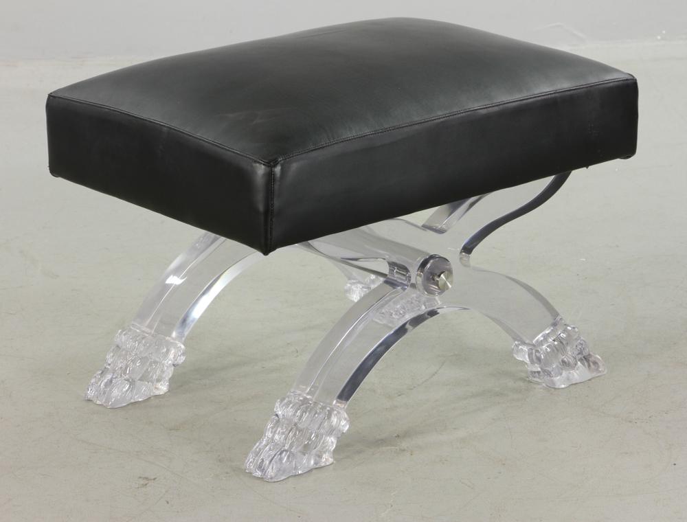 Pair of Leather Top Stools: Pair of leather top stools with hoof form lucite bases, 18" H x 24 1/2" W x 17 1/2" D. Provenance: From a West Palm Beach, Florida estate.