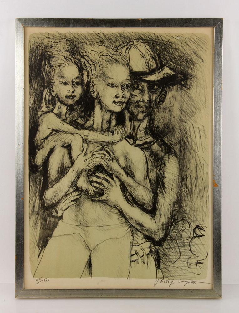 Philip Evergood, 3 Figures, Lithograph: Philip Evergood (American, 1901Î“Ã‡Ã´1973), three figures, lithograph, signed lower right, editioned 25/100 in pencil, dated "65" and initialed in plate lower right, 20 1/2" H x 15" W (view), 