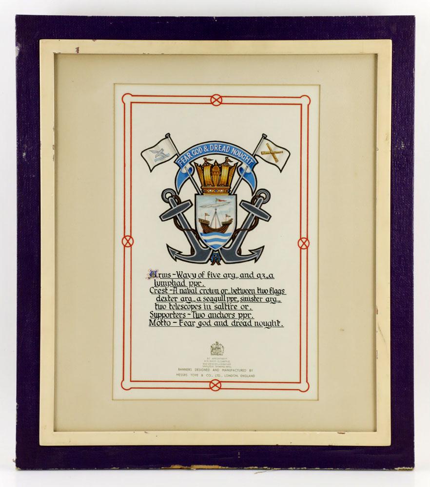 British Naval Banner Design, Hand Painted: British naval banner design, hand-painted, 24 1/2" x 21 1/2" framed.