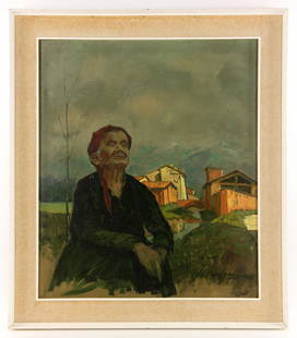 Sollazzi, Woman in Village, Oil on Canvas: Lucio Sollazzi (Italian, 1925 - ), woman in village, oil on canvas, signed L/R, information verso; 28 1/2" x 23 1/2" (view), 33" x 29" (frame). Provenance: From a Rhode Island estate.