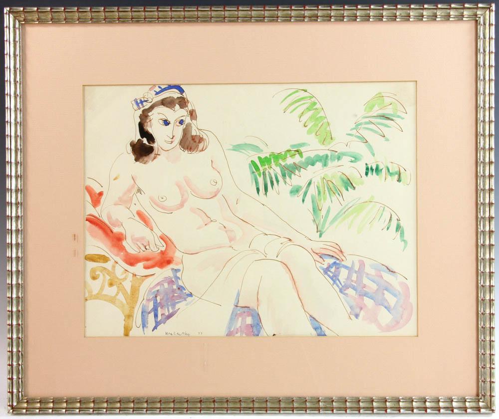 McCarthy Watercolor of Semi Nude Female: McCarthy, watercolor of reclining semi-nude female, signed lower left and dated '77', 12" x 15 1/2", framed 19" x 22 1/2". Provenance: Doris and Irving Morris estate.
