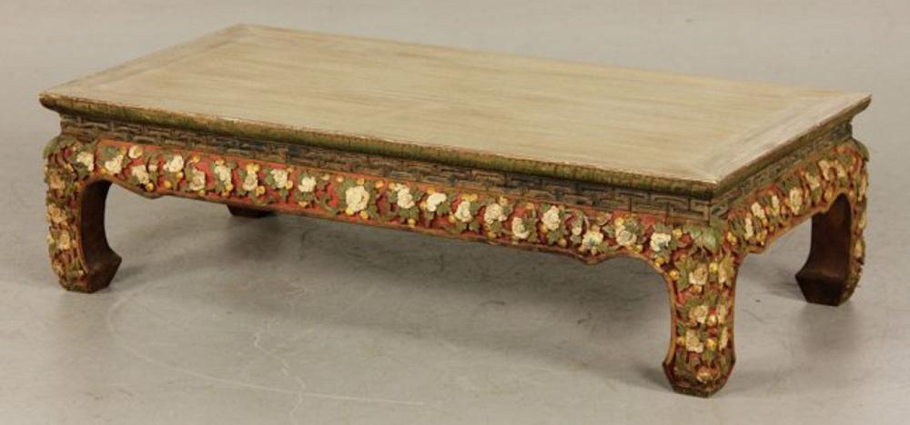 19thC Chinese Polychrome Low Table: 19th century carved Chinese low table, with polychrome decoration, 11 3/4" H x 40" W x 20" D. Provenance: From the collection of interior designer Thomas Britt.