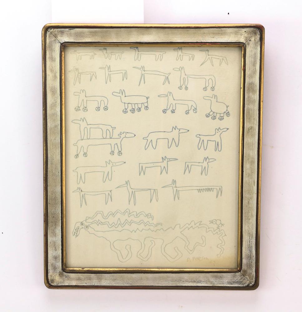 Dennis Pearson, Blue Beasts, Pen and Ink: Dennis Pearson (born 1939), blue beasts, pen and ink drawing, 8 3/4" x 6 3/4", framed 10 1/2" x 8 1/2". Provenance: From a La Jolla, California estate.