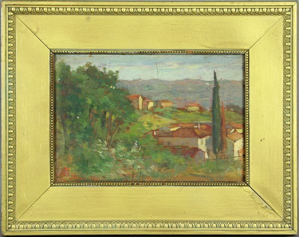 N.B. Singer, View of Italian Landscape, o/b: N.B. Singer, View of Italian Landscape, o/b, 5" x 7 1/4", in frame 8 3/4" x 11", signed illegibly LR and dated 1910. A few minor paint flakes.