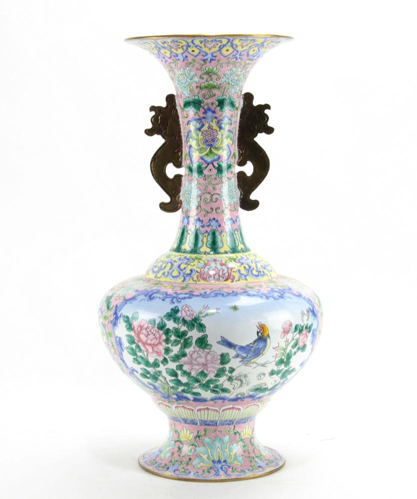 Large Chinese Republic Period Vase: Large Chinese Republic Period enamel on copper vase, decorated with flowers and birds, with carved bronze dragon holder on the neck, 18" H.