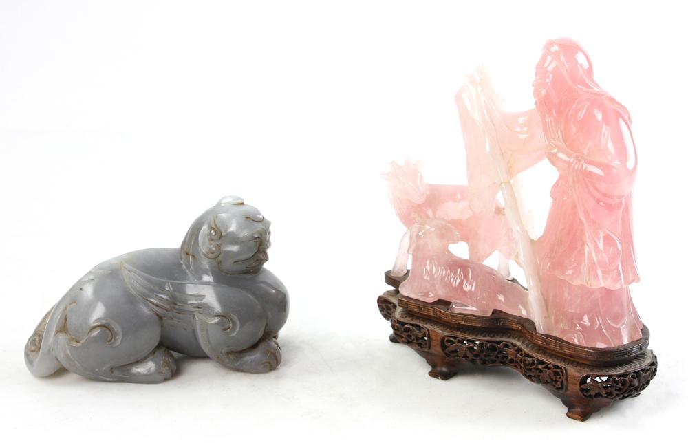 Chinese Hardstone Figure and Foo Dog: Chinese carved hardstone items, to include: quartz figure, 6 1/4" x 6"; agate foo dog, 3 1/2" x 4 1/4". Provenance: Georgia estate.