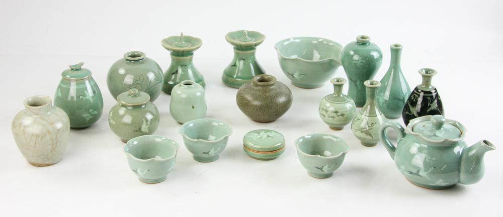 (19) Korean Celadon Porcelain Items: Group of nineteen (19) Korean celadon porcelain items, sizes from 2 1/2"- 6".