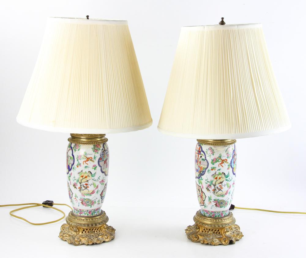 Pair of 19thC Rose Mandarin Vase Lamps: Pair of 19th century Rose Mandarin vases converted to lamps with French ormolu bronze mounts, with shades, 18 1/2" H (to top of socket). Provenance: Estate of Alfreda Rochelle-Thomas, Palm Beach, Flor