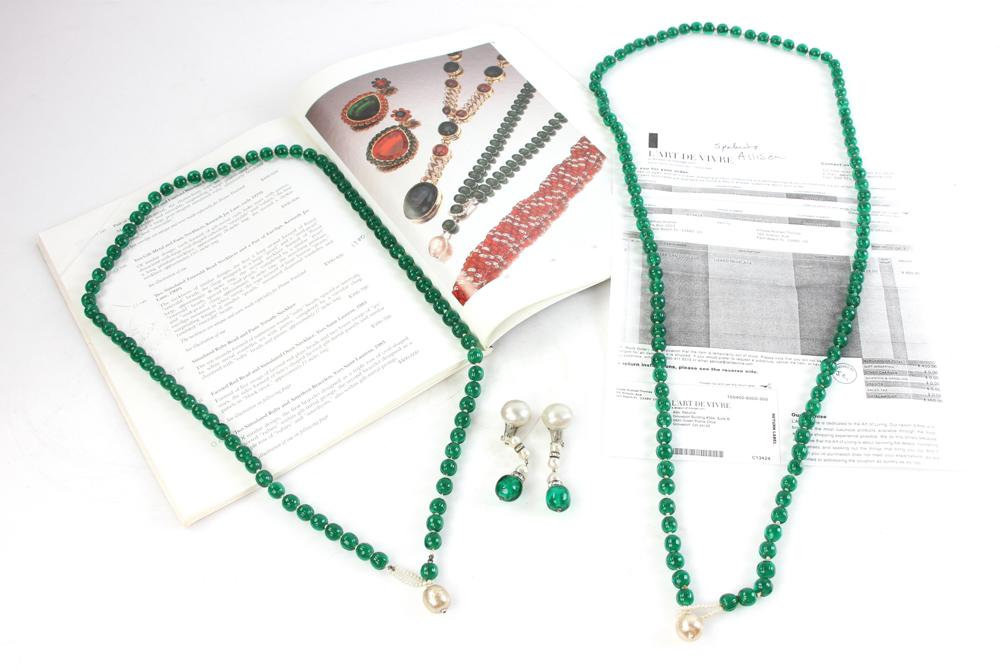 (2) Simulated Emerald Bead Necklaces, Pair of Earclips: Kenneth Jay Lane, two simulated emerald bead necklaces and a pair of earclips made especially for Diana Vreeland, one formed of fluted "emerald" beads, approximately 46" L. The other fluted "emerald" 