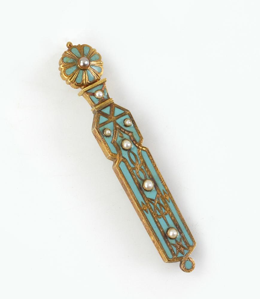 14k Gold, Enamel and Pearl Needle Case: Enameled 14k yellow gold and seed pearl needle case, 2 7/8" L, approximately 17 grams TW. Provenance: Estate of Alfreda Rochelle-Thomas, Palm Beach, Florida. PLEASE NOTE: payment for silver, gold, jew