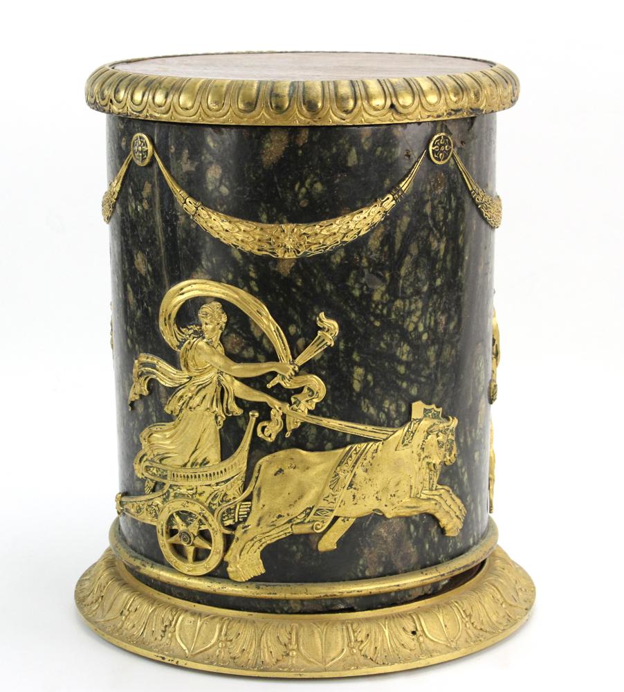 19thC French Marble Pedestal: 19th century French green and white marble pedestal with ormolu mounts, 13 1/2" x 10 1/4". Provenance: Estate of Alfreda Rochelle-Thomas, Palm Beach, Florida.