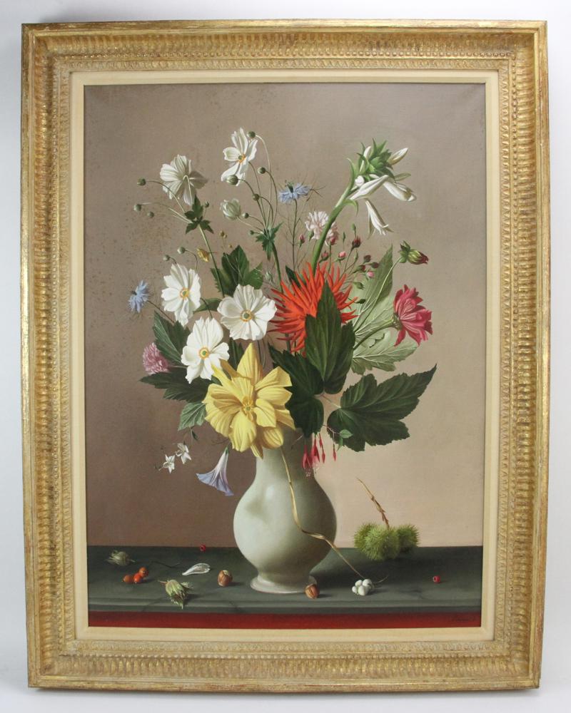 Renard, Still Life of Flowers, Oil on Canvas: Fernand Renard (French, b. 1912), still life of flowers, oil on canvas, signed Renard L/R, 28" x 21", framed 35" x 27". Provenance: Purchased from Hammer Galleries, New York, NY; Estate of Alfreda Roc