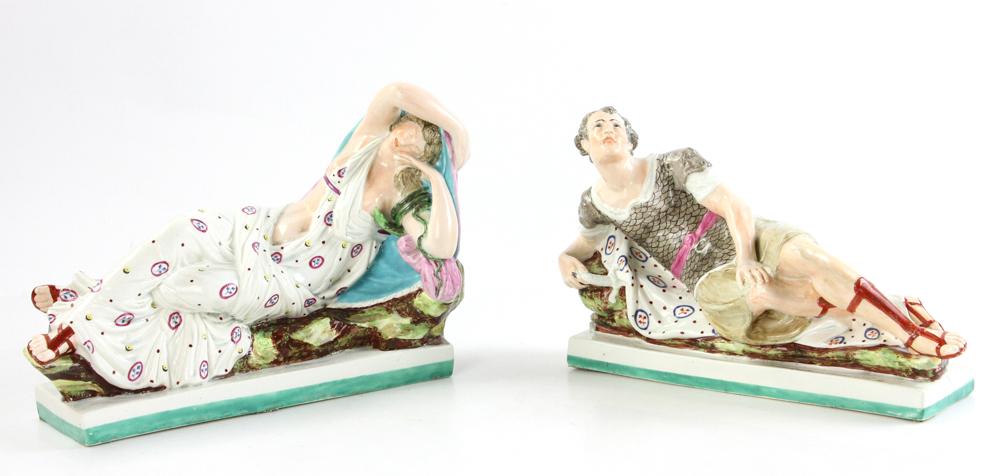 Pair of 19thC English Staffordshire Figures: Pair of early 19th century English Staffordshire reclining figures of Marc Antony and Cleopatra, 8" x 12 1/2". Provenance: Estate of Alfreda Rochelle-Thomas, Palm Beach, Florida.