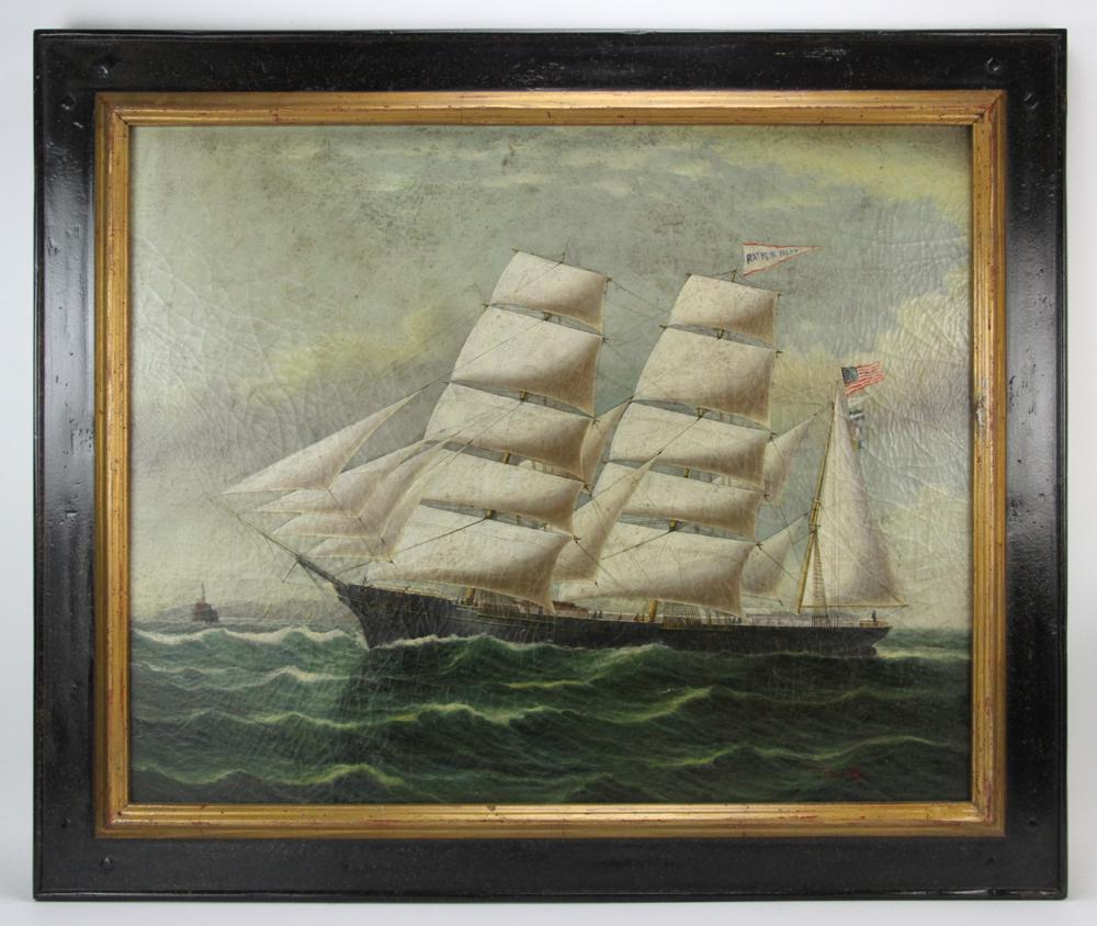 Trevor James, Clipper Ship, Oil on Canvas: Clipper ship with an American flag, oil on canvas, signed Trevor James L/R, 24" x 29", framed 29 1/2" x 35". Provenance: From a Palm Beach, Florida estate.