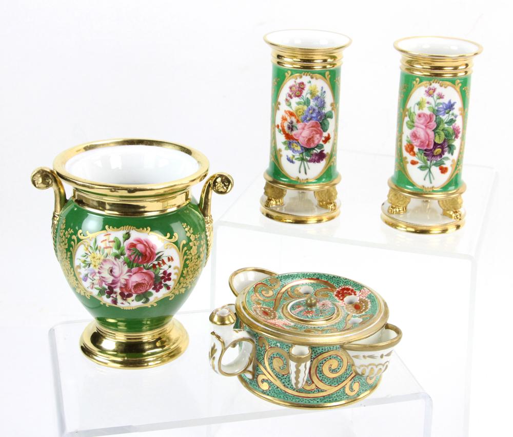 19thC Paris Porcelain Vessels: 19th century Paris porcelain vessels, all mostly green with gilt and polychrome floral details, to include: pair of cylinder vases, bulbous vase and inkwell with pen holder, inkwell 3/4" H. Provenance