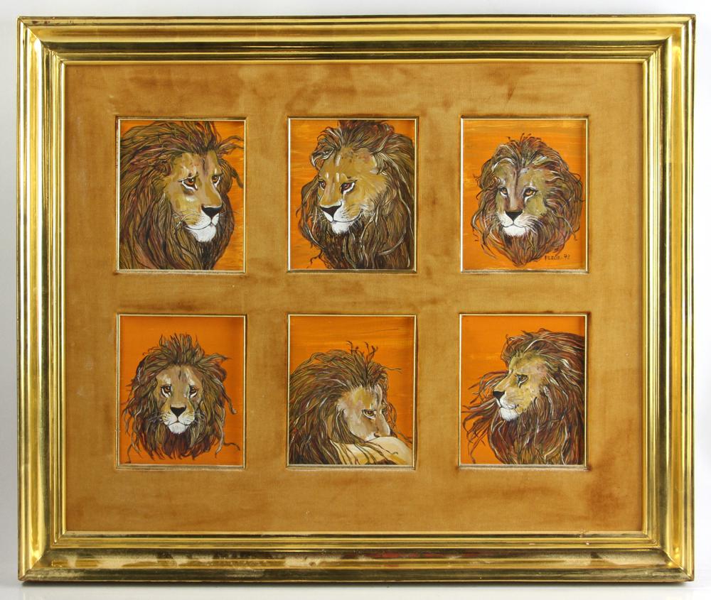 Fleur Cowles, The Lion, Oil on Board: Fleur Cowles, titled "The Lion", oil on board, signed, 22" x 26" framed. Provenance: Hammer Galleries, New York, 1973; Estate of Alfreda Rochelle-Thomas, Palm Beach, Florida.