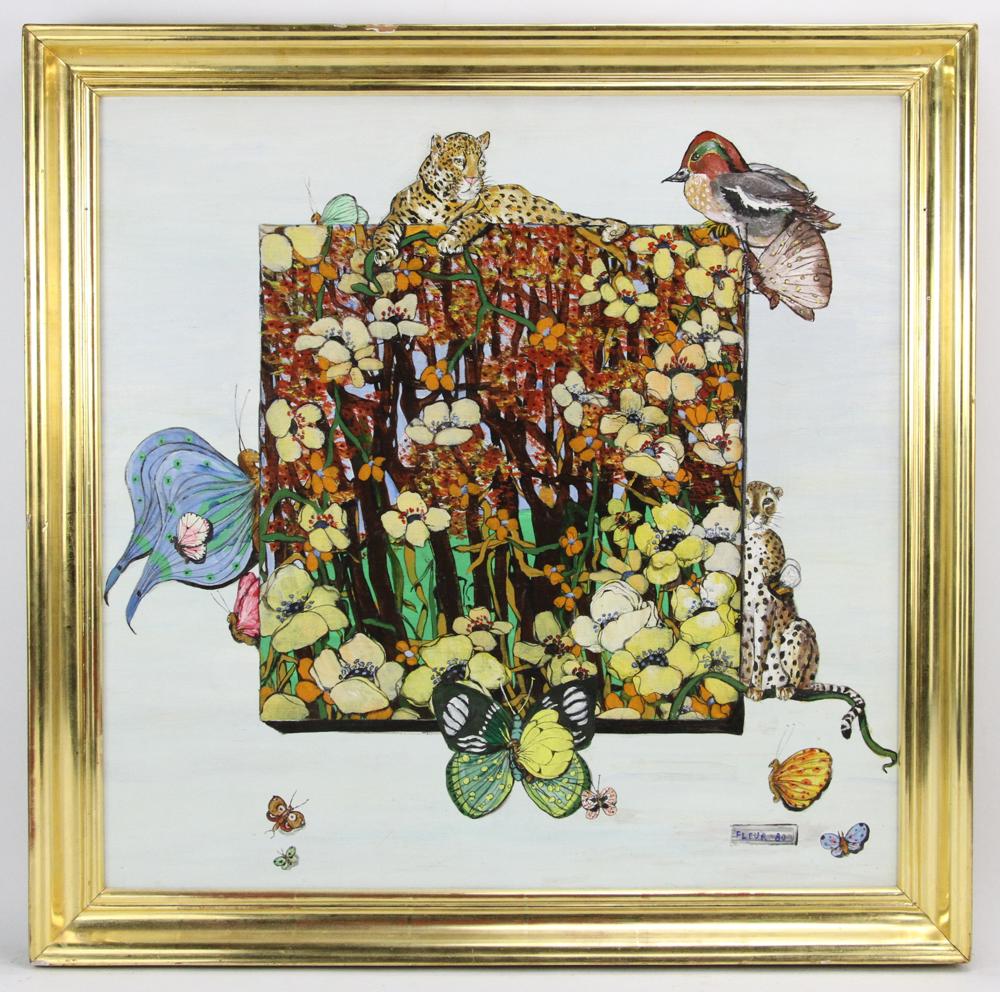Fleur Cowles, Woodland, Oil on Board: Fleur Cowles, titled "Woodland", oil on board, signed, 22" x 22", framed 25" x 25". Provenance: Kunshandel Roelant Gallery 1980; Estate of Alfreda Rochelle-Thomas, Palm Beach, Florida.
