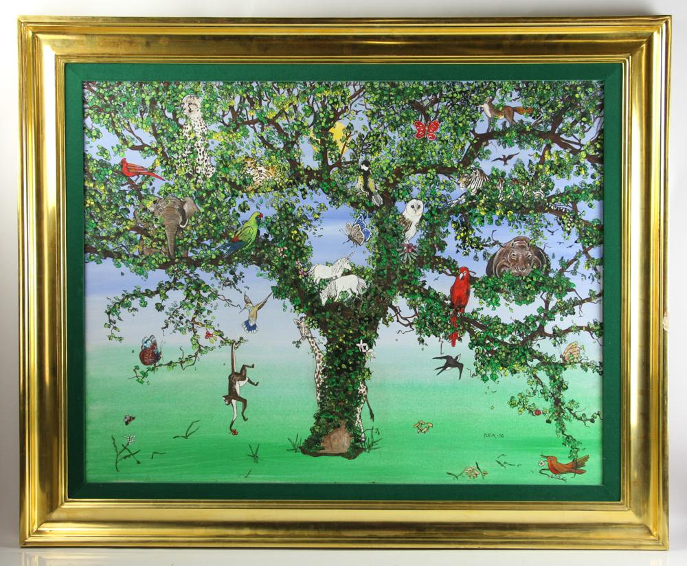 Fleur Cowles, Tree of Life, Oil on Canvas: Fleur Cowles (American, 1908-2009), 'Tree of Life', oil on canvas, signed Fleur L/R, titled verso, 29" x 36", framed 36"x 44". Provenance: Puchased from Hammer Galleries, New York, NY, circa 1967; Est