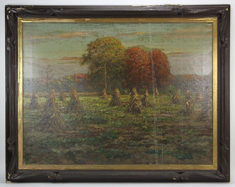 Adam Lehr Signed, Fall Landscape, Oil on Canvas: Adam Lehr signed (American, 1853-1924), Fall landscape with hay stacks, oil on canvas, 24" x 32", framed 30" x 38". Provenance: From a Palm Beach, Florida estate.