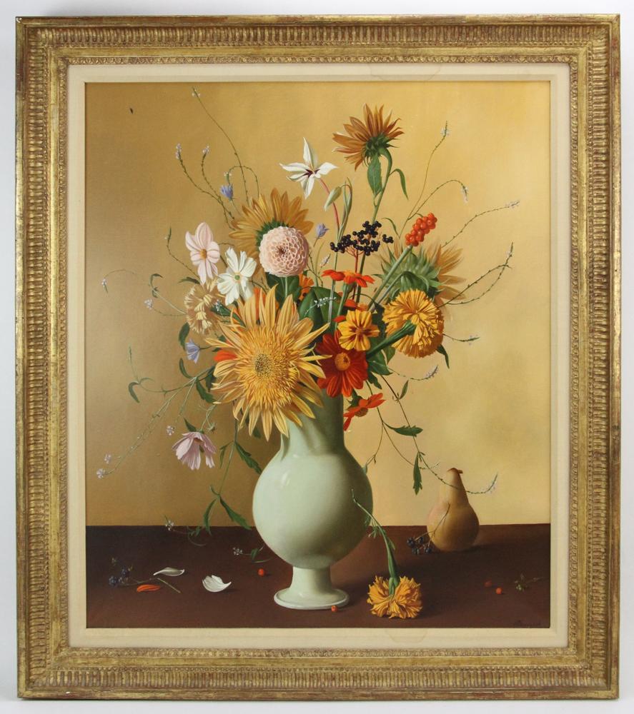Renard, Still Life, White Vase with Bouquet: Fernand Renard (French, b. 1912), still life, white vase with bouquet of flowers, oil on canvas, signed L/R, 25" x 21", framed 31" x 26". Provenance: Purchased from Hammer Galleries, New York, NY; Est