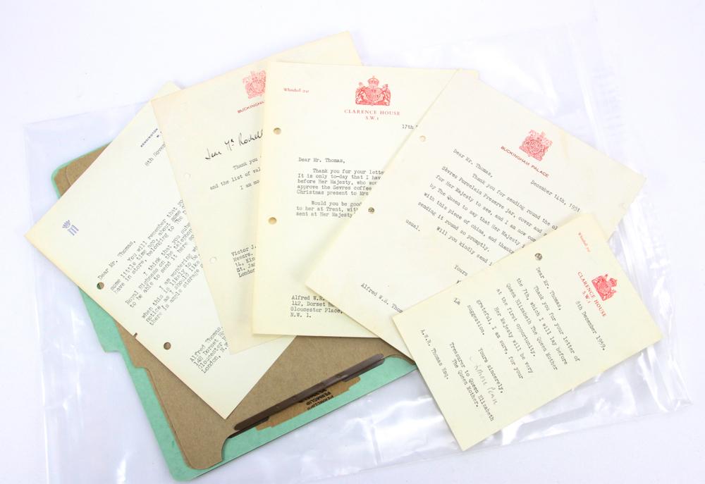 Letters from Buckingham Palace, Clarence House, Etc: Letters from Buckingham Palace, Clarence House, Kensington Palace, etc., five (5) total. Provenance: Estate of Alfreda Rochelle-Thomas, Palm Beach, Florida.