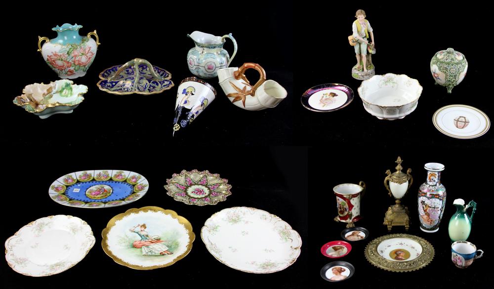 Group of European, US, and Austrian China: Twenty-five (25) pieces of china, to include: Limoges, Royal Worcester, Royal Vienna, Nippon, etc., also some Austrian pieces, platter 16 1/2", tallest piece is 14". Provenance: From a Lynnfield, Mass