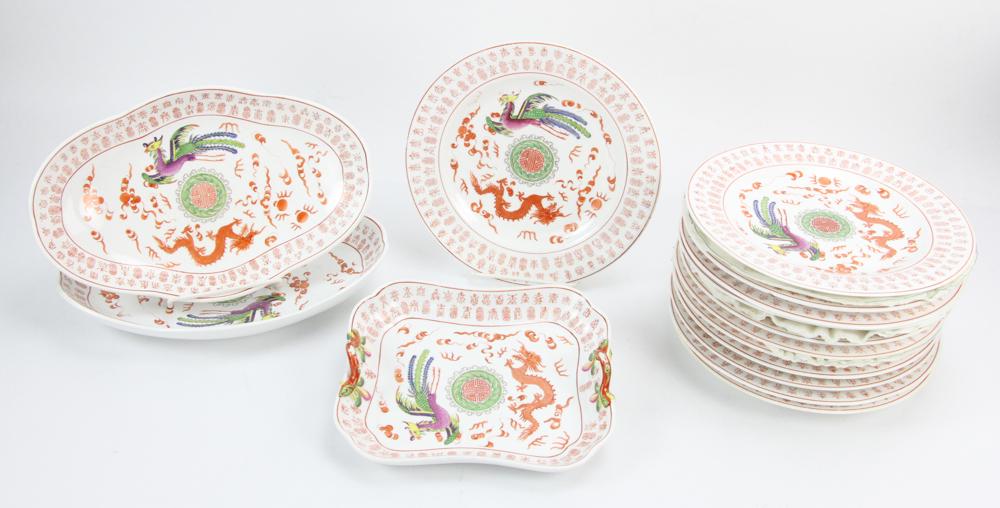 19thC Spode China, Phoenix and Dragon: Partial set of 19th century Spode china, phoenix and dragon design with Chinese characters in border, to include: (12) plates, 8 3/8" diameter; (2) platters, 10 1/2" x 6 3/4"; (1) handled tray, 7 3/4"