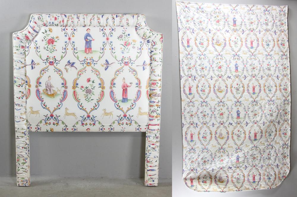 Single Bed Upholstered Headboard: Single bed upholstered headboard together with matching quilted bedspread and bedskirt, designer fabric, multi-colored Geisha design on white, from Cowtan and Tout, New York, New York. Provenance: Est