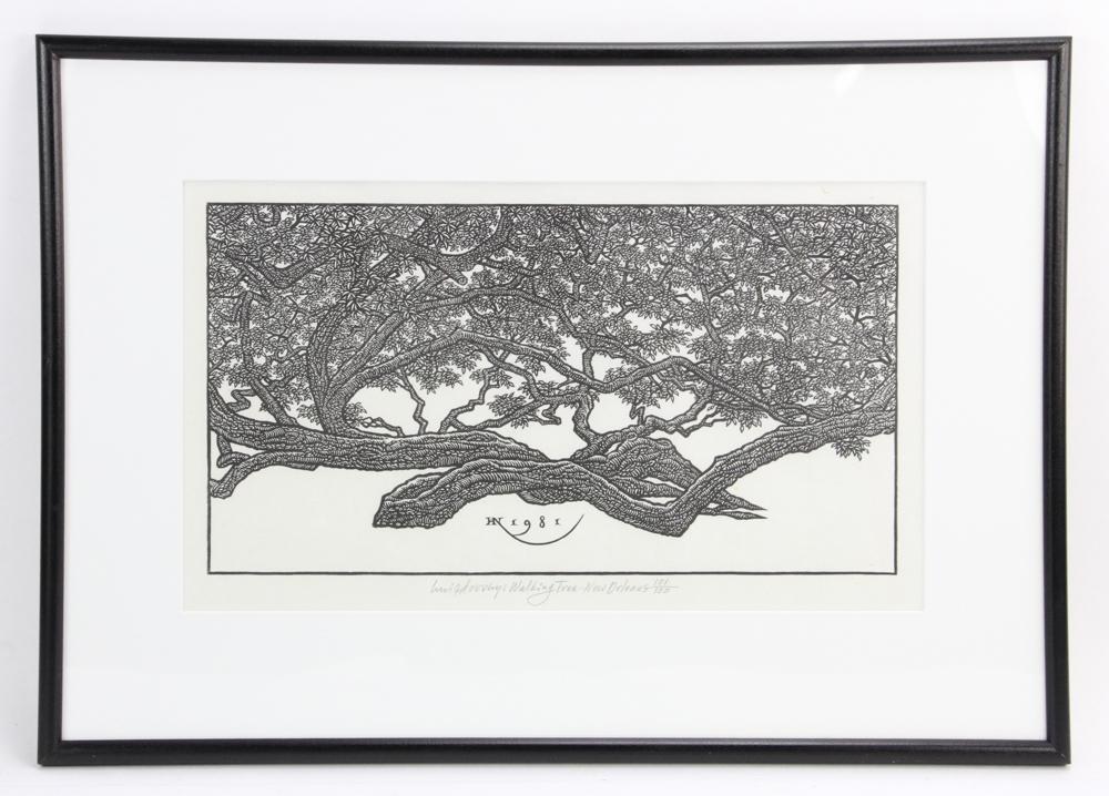 Jacques Hnizdovsky, Walking Tree, Woodcut: Jacques Hnizdovsky (1915-1985), "Walking Tree, New Orleans", woodcut, pencil signed and editioned 101/120, 8 1/2" x 14 3/4" (view), framed 14 1/2" x 20 1/2". Provenance: From a Palm Beach, Florida est