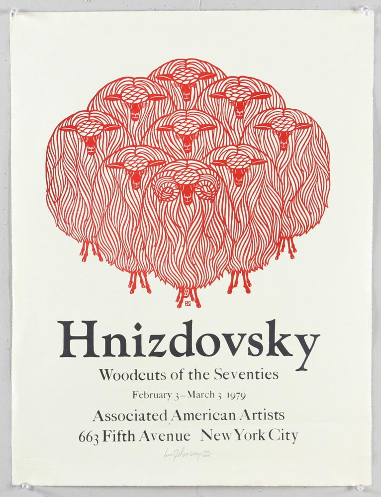 Jacques Hnizdovsky, Ram and Ewes, Original Woodcut: Jacques Hnizdovsky (1915-1985), Ram and Ewes, original woodcut printed in red, pencil signed and editioned 100/200, Associated American Artists Poster, unframed 25" x 19". Provenance: From a Palm Beac